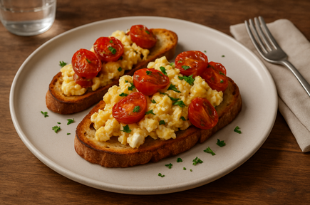 Œufs brouillés crémeux à la feta & tomates cerises rôties (pour 2 personnes)